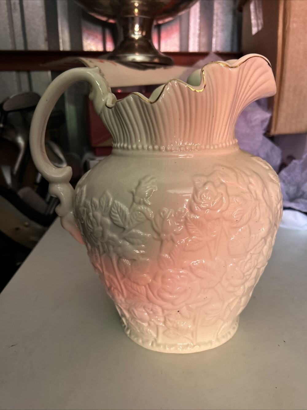 Vintage 1980s Ceramic Cream Pitcher Raised Floral Design Gold Ruffled Trim,10.5”